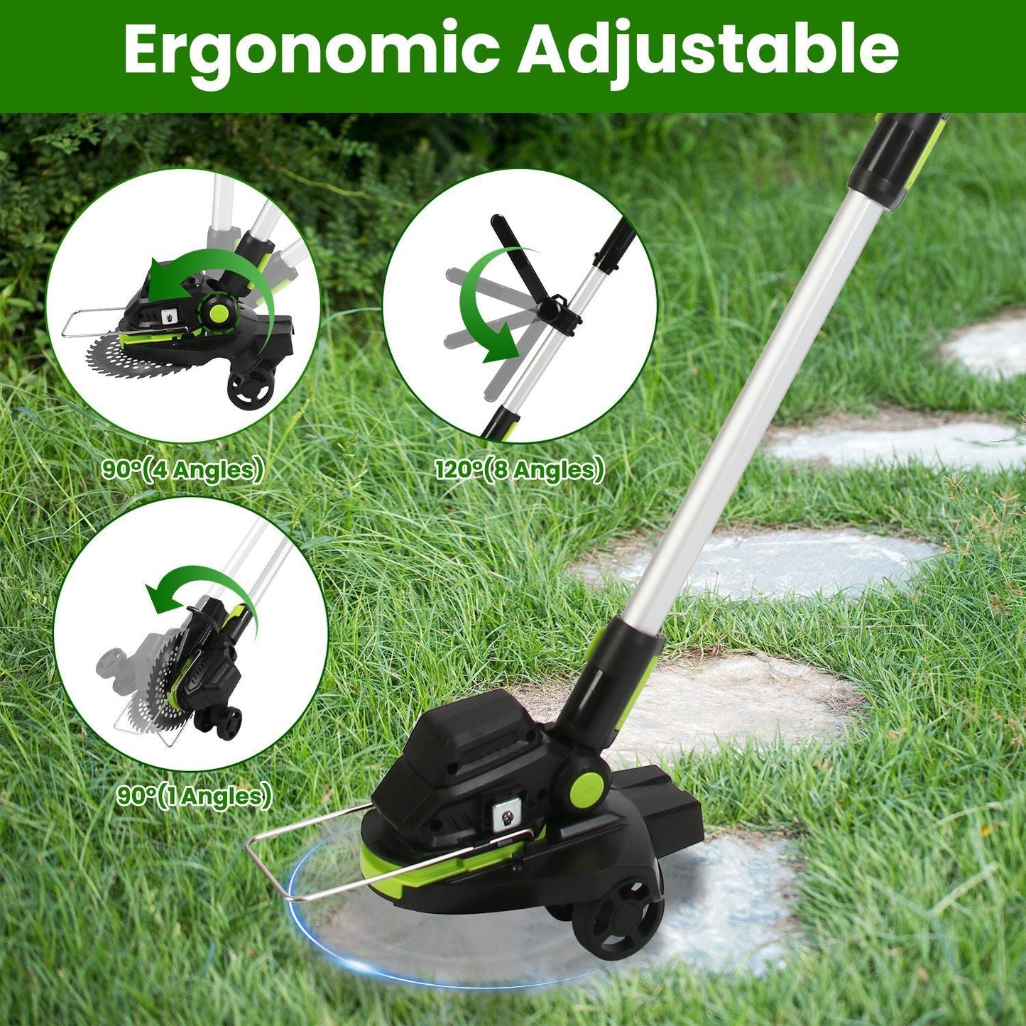 21V Electric Weed Edger Cordless String Trimmer Grass Mower Eater Bush Cutter with 16800RPM 2x 3000mAh Batteries 3.6-4.6FT Length 90° Rotatable Angle Saw Blade Steel Blade String Blade
