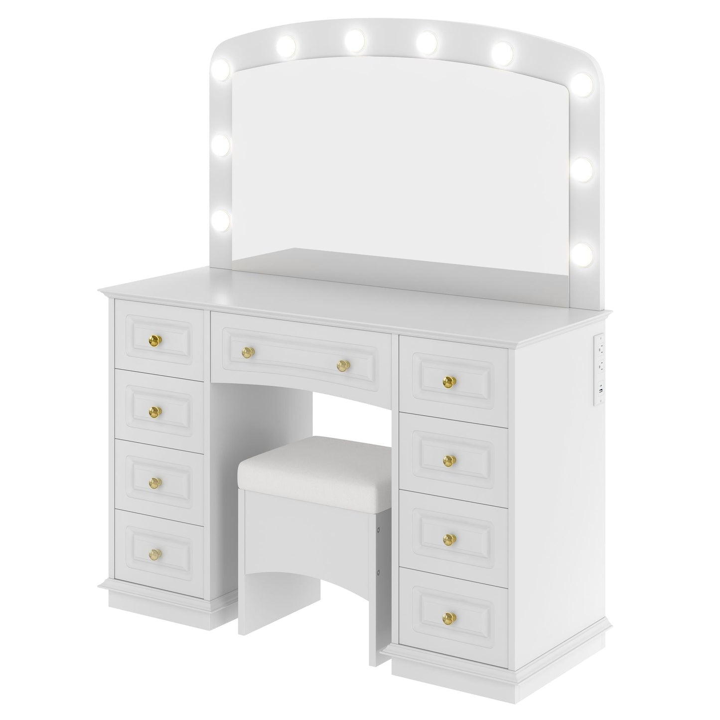 Luxurious Makeup Vanity with 10 Hollywood Bulbs, 3 Color Lighting Modes, Classic Dressing Table with Cushioned Stool and 9 Storage Drawers for Bedroom