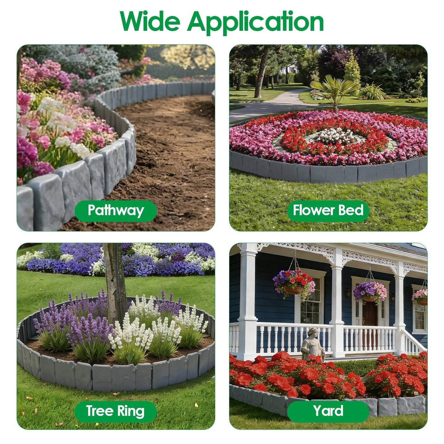 Flexible Cobblestone Landscape Edging, Weather Resistant PVC Garden Border Edging with Spikes & Shovel, Interlocking No Dig Lawn Edging for Yard Flower Bed Pathway