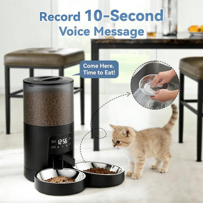 6L Automatic Cat Feeder for 2 Cats, Timed Cat Food Dispenser with 2 Stainless Bowls, 10s Voice Recorder, Dual Power Supply, 6 Meals 50 Portions Per Day, Dual Pet Feeder for Cat and Dog