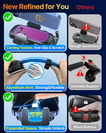 2026 Ultimate Car Phone Holder Mount Bendable & Adjustable Aluminum Arm Cell Phone Holder for Car Dashboard Windshield Phone Stand for iPhone 17 16 15 14 Pro Max Samsung Pickup Truck