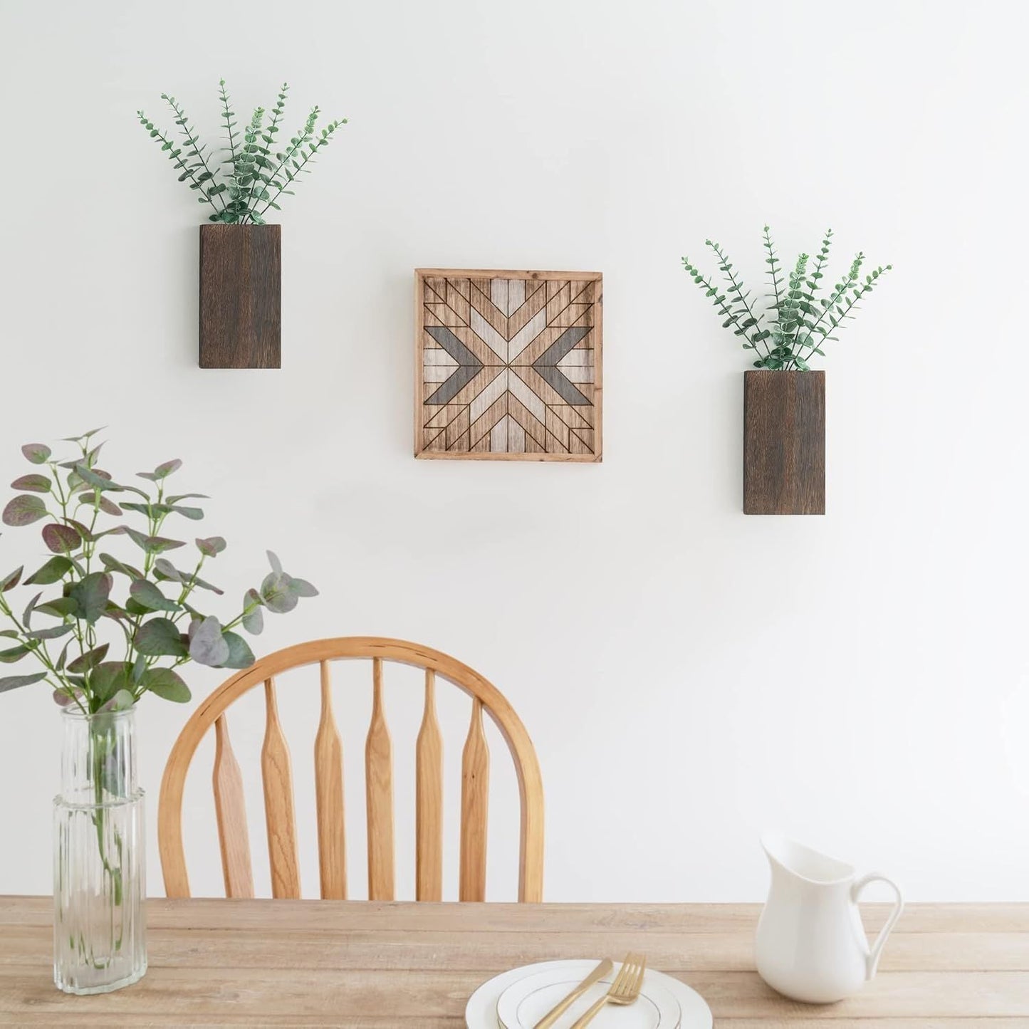 2 Pack Wood Wall Planter Vase with Artificial Eucalyptus Farmhouse Wall Hanging Decor Pocket Planter for Indoor Fake Plants Greenery, Living Room Bedroom Kitchen Home Office Decoration