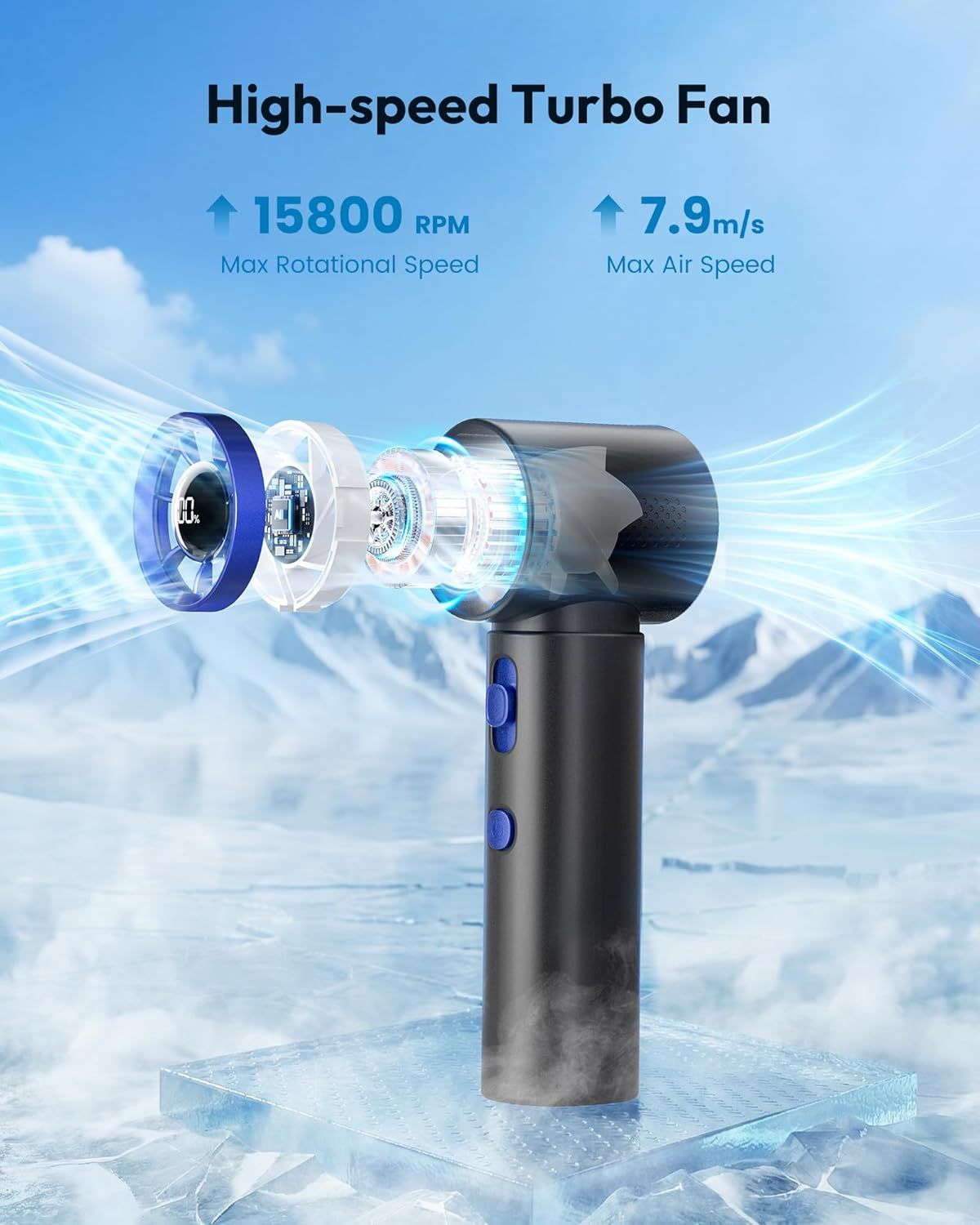 Portable Handheld Turbo Fan, 100 Gear High Speed, Up to 12H Rechargeable Personal Fan with Digital Display, Detachable Base & Lanyard, Small Travel Essentials Cooling Gifts for Women Men