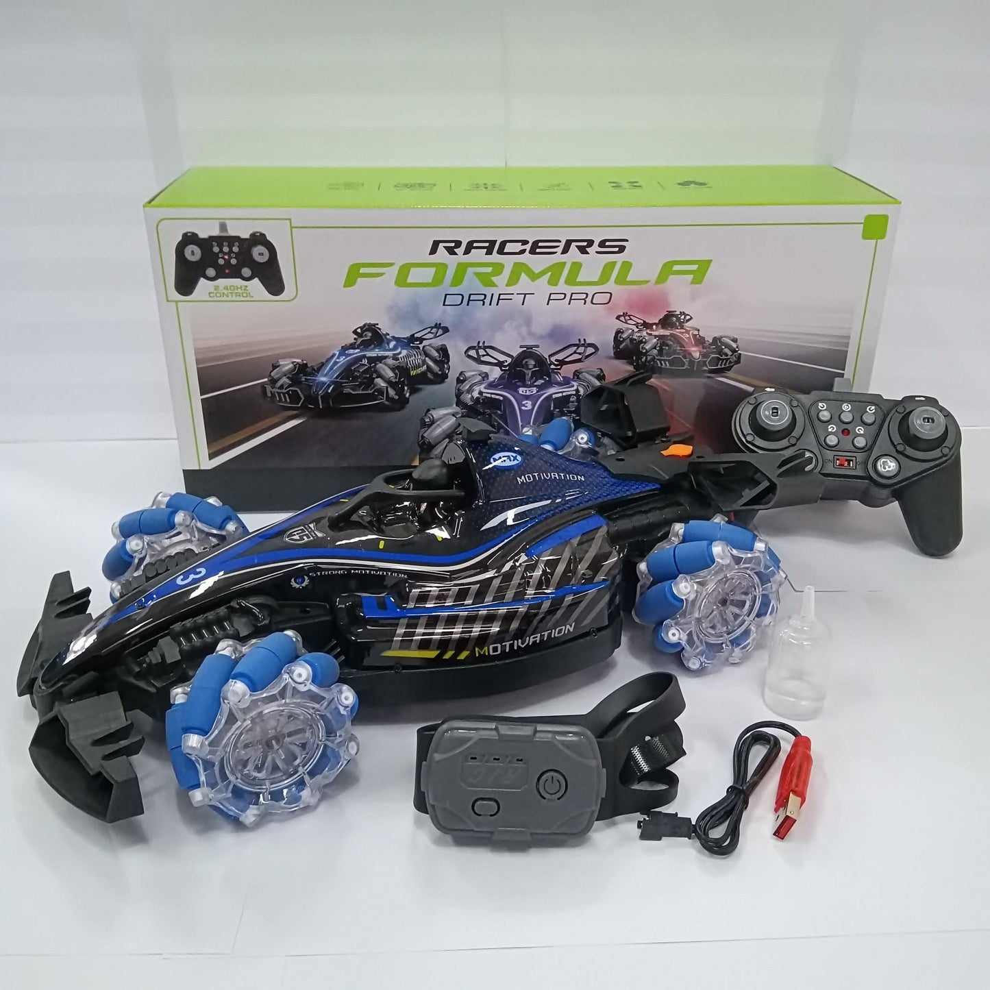 Remote control toy car F1 racing style, with music and light, the tail can be spray.