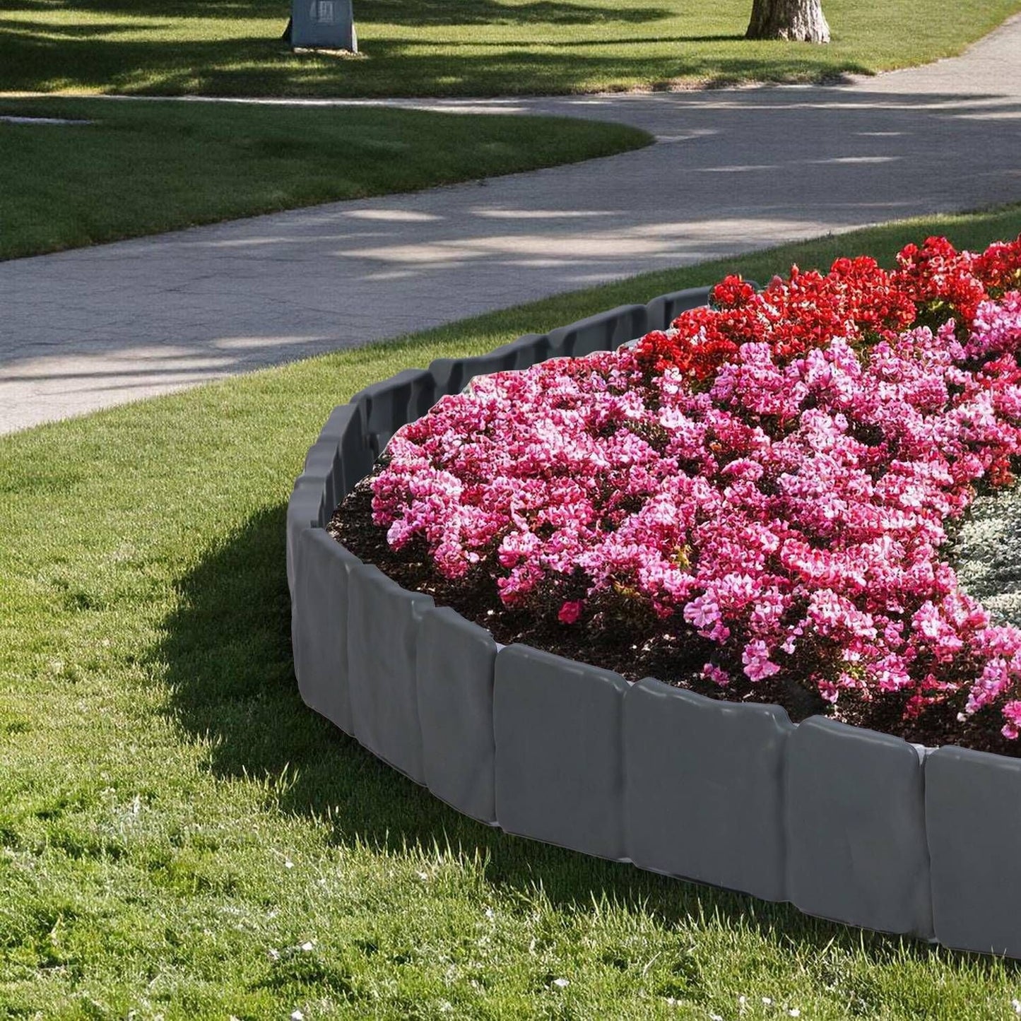 Flexible Cobblestone Landscape Edging, Weather Resistant PVC Garden Border Edging with Spikes & Shovel, Interlocking No Dig Lawn Edging for Yard Flower Bed Pathway