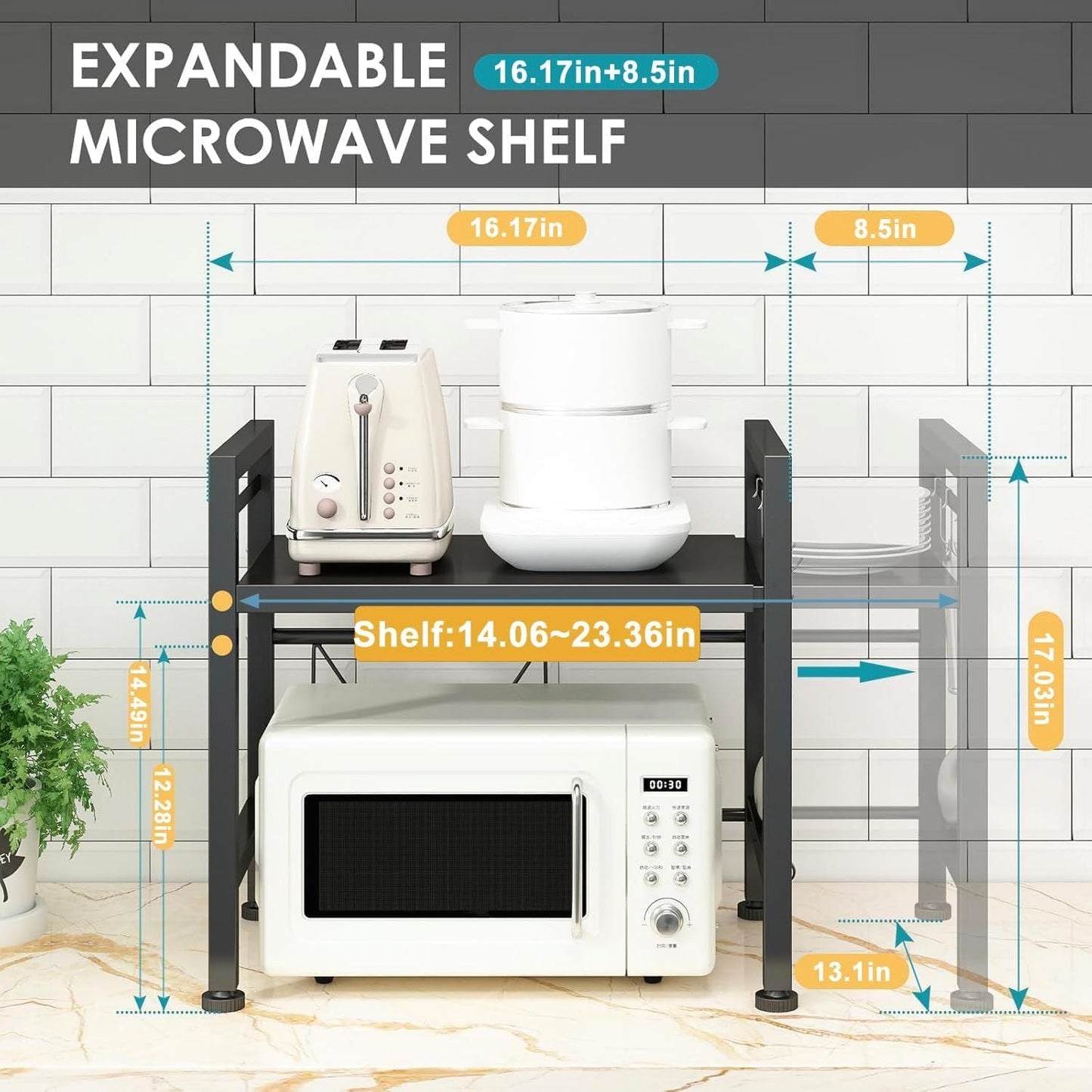 Expandable Microwave Stand Countertop Kitchen Utensils Tableware Storage, Carbon Steel Over Microwave Shelf Countertop with 3 Hooks