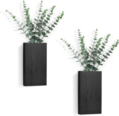 2 Pack Wood Wall Planter Vase with Artificial Eucalyptus Farmhouse Wall Hanging Decor Pocket Planter for Indoor Fake Plants Greenery, Living Room Bedroom Kitchen Home Office Decoration, Black