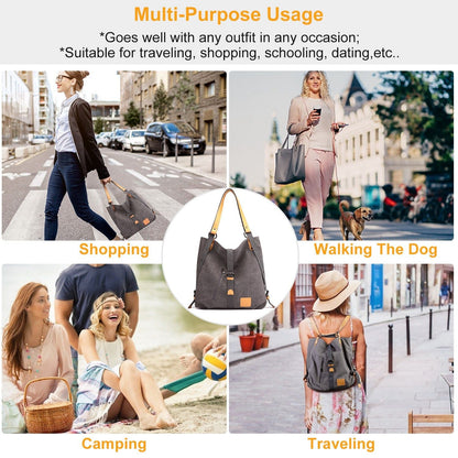 Ladies Canvas Tote Bag Multifunctional Purse Handbag Adjustable Shoulder Rucksack Convertible Backpack Wear-Resistant Dirt-Proof For Women School Office Travel