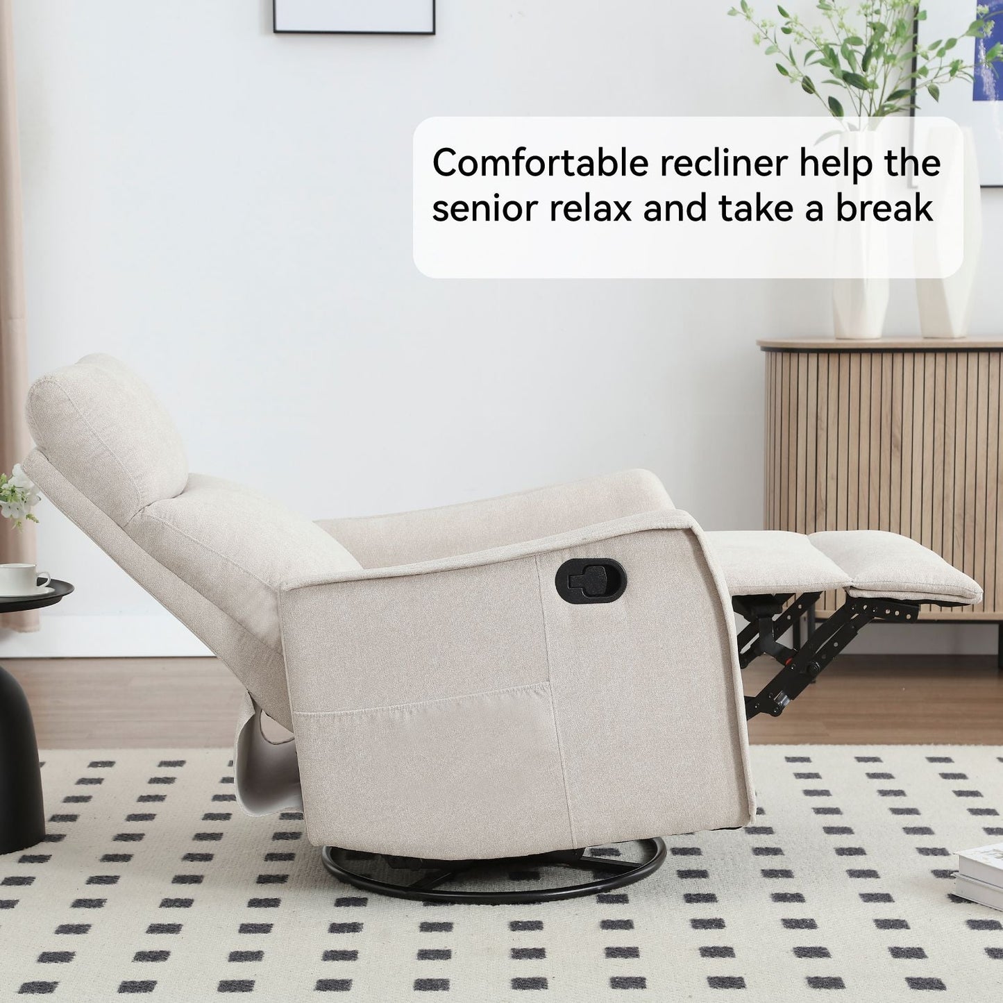 Heat Massage Manual Recliner Chair with Rocker and Swivel in Fabric for Living Room, Beige