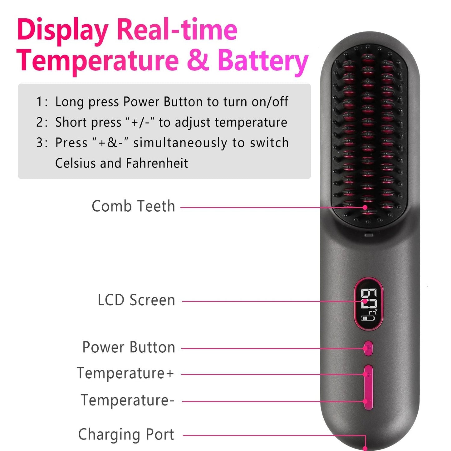 Cordless Negative Ion Hair Straightener Brush Rechargeable Mini Styling Comb with 12 Heating Levels Anti-scald 30S Preheating 30Mins Auto Sleep LCD Display