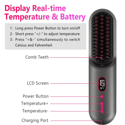 Cordless Negative Ion Hair Straightener Brush Rechargeable Mini Styling Comb with 12 Heating Levels Anti-scald 30S Preheating 30Mins Auto Sleep LCD Display
