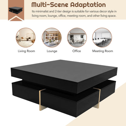 Sleek Black High Gloss Modern Coffee Table with 4 Drawers for Organized Living Rooms, Square Design with Wood Grain Legs, Ideal Cocktail Table 31.5''x31.5''