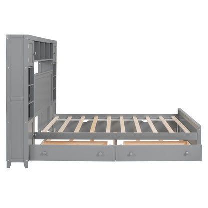 Queen Size Wooden Bed With All-in-One Cabinet, Shelf and Sockets,Twin XL Trundle, Gray