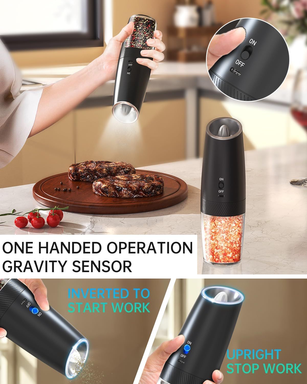 Rechargeable Electric Salt and Pepper Grinder Set Gravity Salt and Pepper Mills Set with LED Light, No Battery Needed, Adjustable Coarseness, Washable 135ml Container, Black