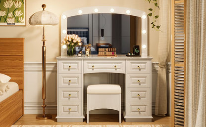 Luxurious Makeup Vanity with 10 Hollywood Bulbs, 3 Color Lighting Modes, Classic Dressing Table with Cushioned Stool and 9 Storage Drawers for Bedroom