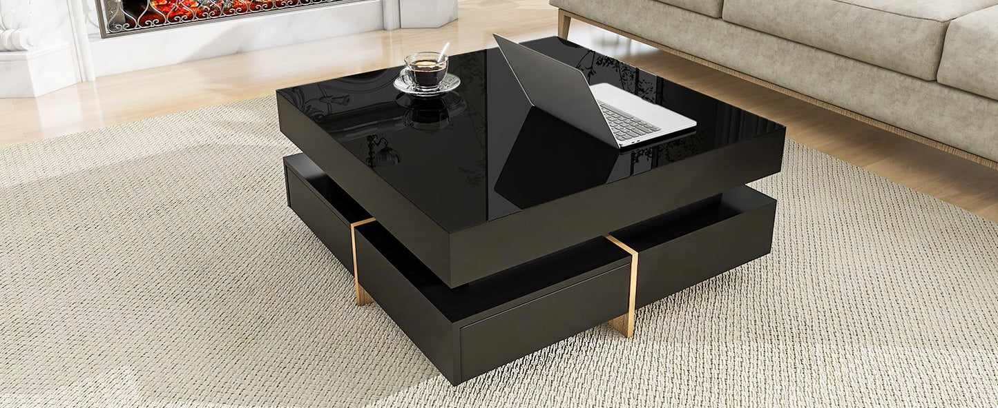 Sleek Black High Gloss Modern Coffee Table with 4 Drawers for Organized Living Rooms, Square Design with Wood Grain Legs, Ideal Cocktail Table 31.5''x31.5''