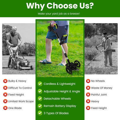 21V Electric Weed Edger Cordless String Trimmer Grass Mower Eater Bush Cutter with 16800RPM 2x 3000mAh Batteries 3.6-4.6FT Length 90° Rotatable Angle Saw Blade Steel Blade String Blade