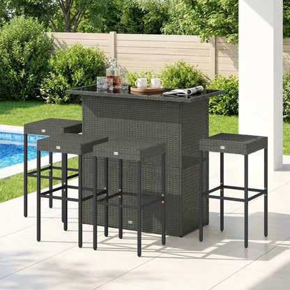 5 Piece Rattan Wicker Bar Set, High Top Outdoor Table and Chairs, Bar Height Patio Set, 2 Shelves & 4 Bar Stools, Gray