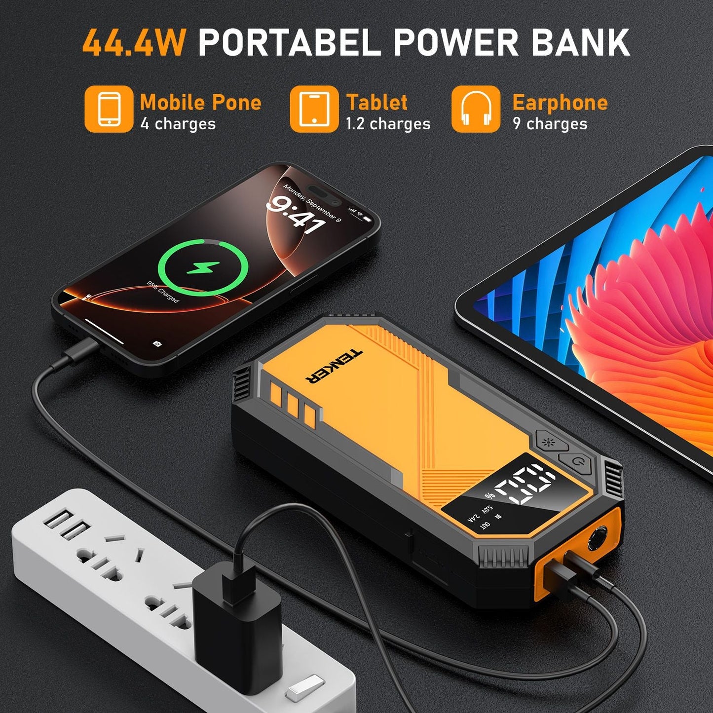 5000A Car Jump Starter 7.2L Gas or 6.5L Diesel 44.4W Portable Power Bank LED Flashlight 12V Jumper Box 10 Protections Built in Comprehensive Protection