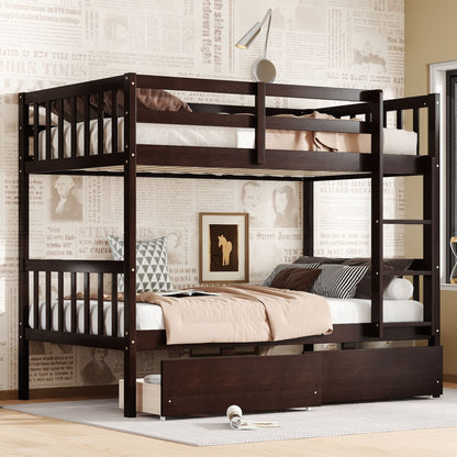Twin Over Twin Rubber Wood Bunk Bed with 2 Drawers, Convertible into 2 Twin Beds, Twin Size Bunk Bed with Ladder and Safety Guardrails