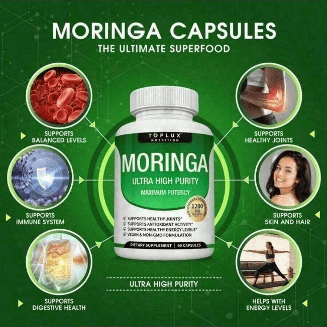 Moringa Capsules 1200mg - Pure Moringa Powder For Immune, Gut Health 90 Capsules