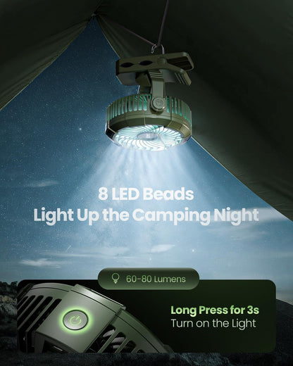 Portable Camping Fan with LED Lantern, 360°Rotation and Clip on for Desk, 4000mAh USB Rechargeable Battery Powered, Digital Display and Hanging Hook for Tent Outdoor Travel Bedroom Black