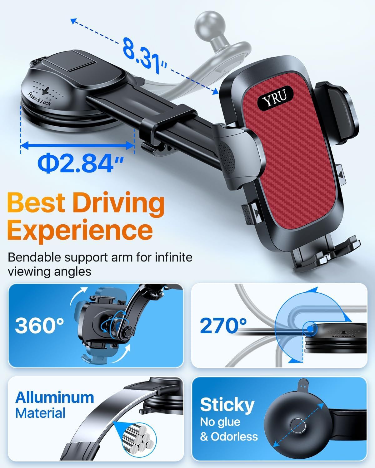 2026 Ultimate Car Phone Holder Mount Bendable & Adjustable Aluminum Arm Cell Phone Holder for Car Dashboard Windshield Phone Stand for iPhone 17 16 15 14 Pro Max Samsung Pickup Truck
