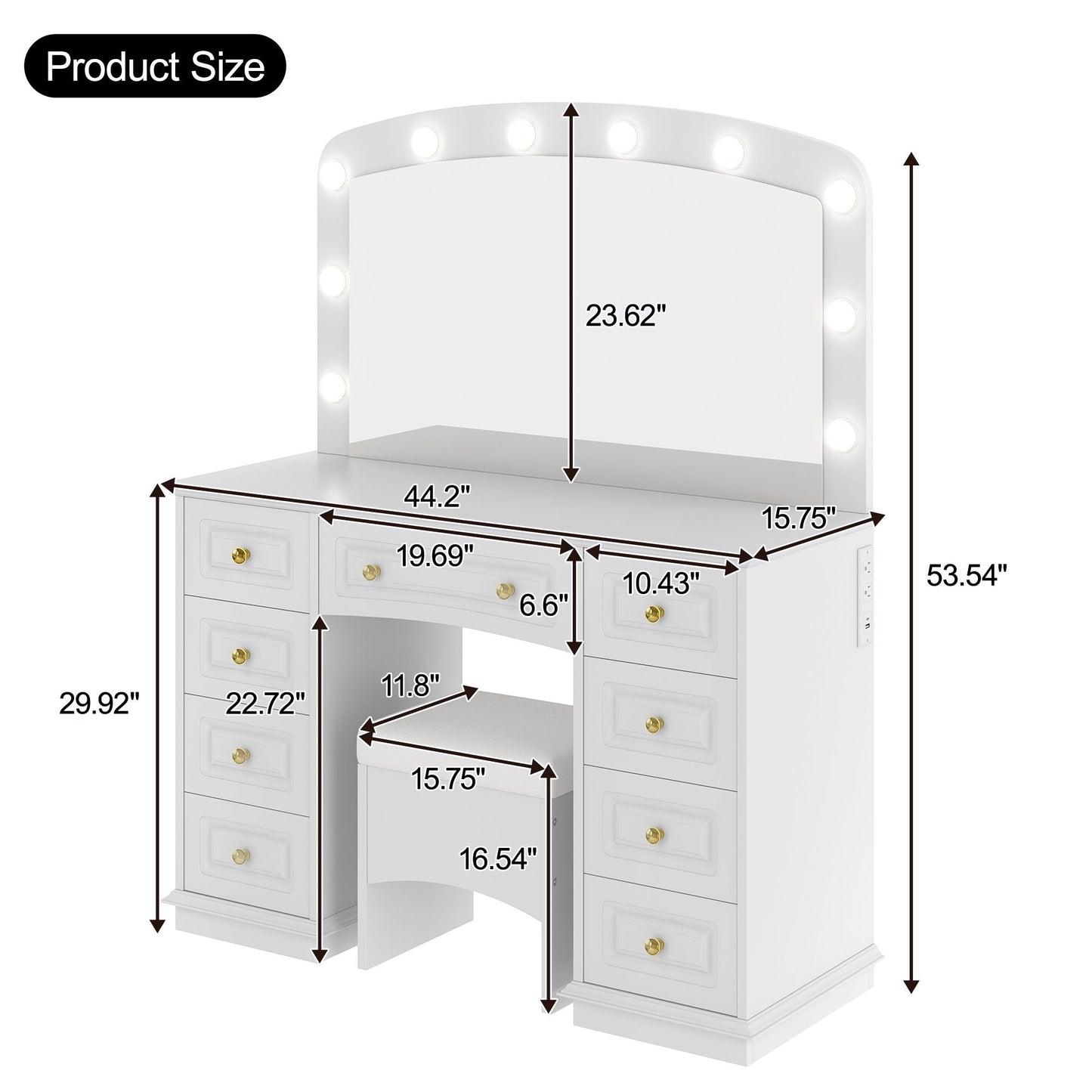 Luxurious Makeup Vanity with 10 Hollywood Bulbs, 3 Color Lighting Modes, Classic Dressing Table with Cushioned Stool and 9 Storage Drawers for Bedroom