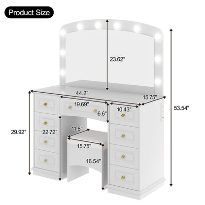 Luxurious Makeup Vanity with 10 Hollywood Bulbs, 3 Color Lighting Modes, Classic Dressing Table with Cushioned Stool and 9 Storage Drawers for Bedroom