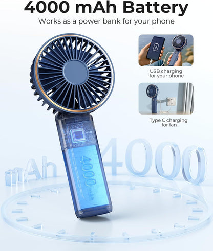 Portable Handheld Fan, Portable Fan Rechargeable, 4000mAh, 180° Adjustable, 6 Speed Wind, Display Electricity in Real Time, USB Rechargeable Foldable F an, Quiet Personal Fan as Power Bank
