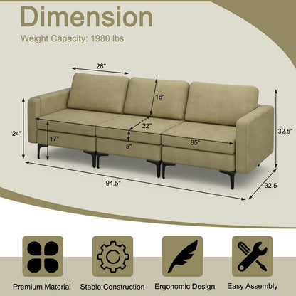 Convertible Sofa Couch with Magazine Pockets 3-Seat with 2 USB Port