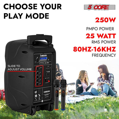 5 Core Party Speaker Bluetooth 250W Big Monster Powered Rechargeable Outdoor PA DJ System w Disco Lights 2 Wireless Karaoke Mics Portable Rolling Speakers w Handle Black - ACTIVE HOME 8 2-MIC