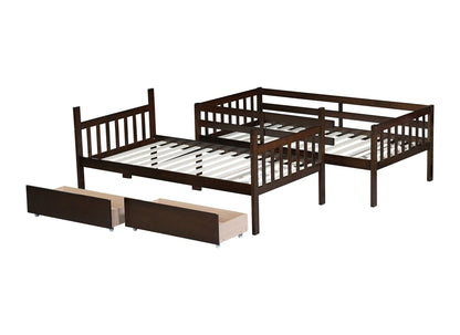 Twin Over Twin Rubber Wood Bunk Bed with 2 Drawers, Convertible into 2 Twin Beds, Twin Size Bunk Bed with Ladder and Safety Guardrails