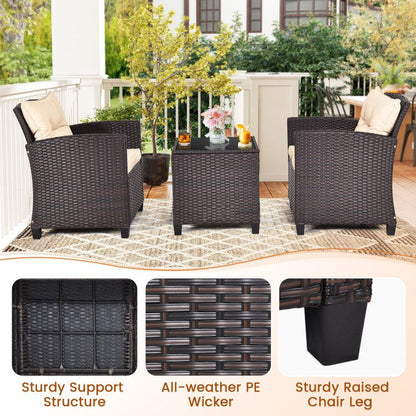 3 Pieces Patio Rattan Furniture Set with 4 Removable Cushions