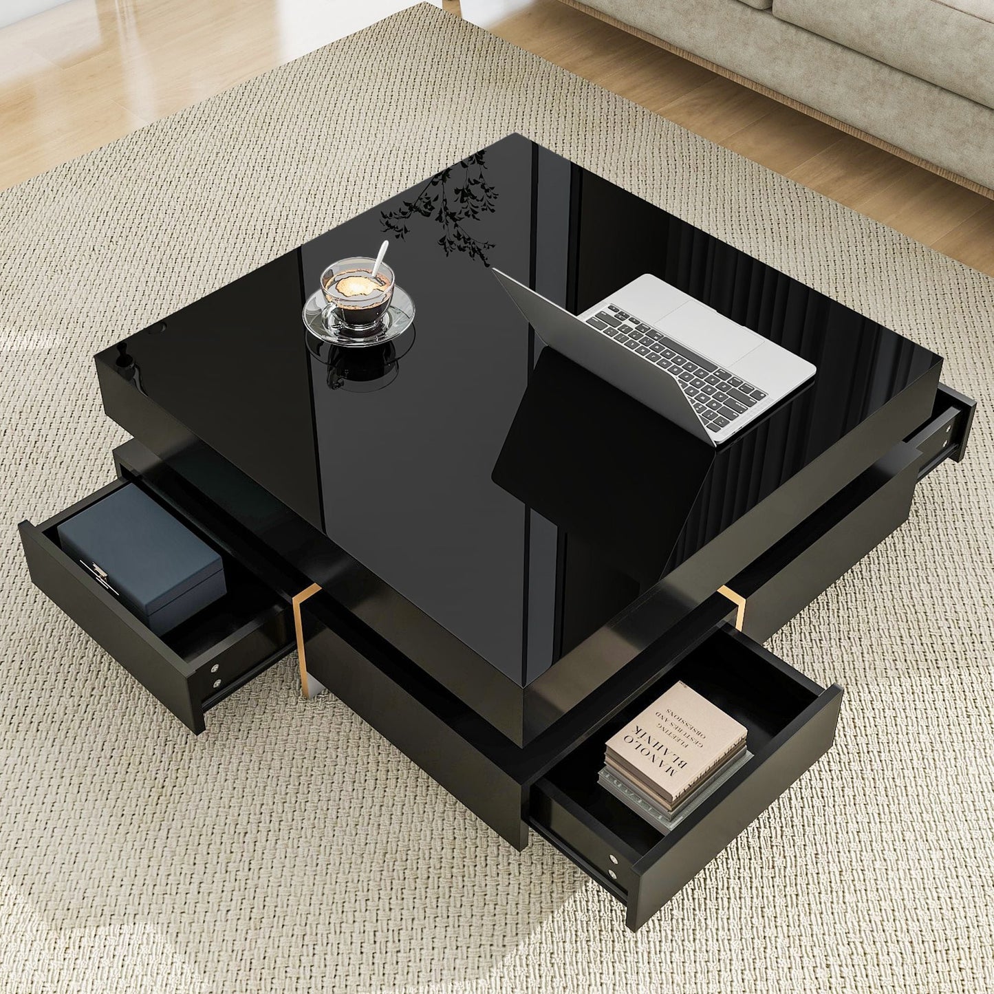 Sleek Black High Gloss Modern Coffee Table with 4 Drawers for Organized Living Rooms, Square Design with Wood Grain Legs, Ideal Cocktail Table 31.5''x31.5''