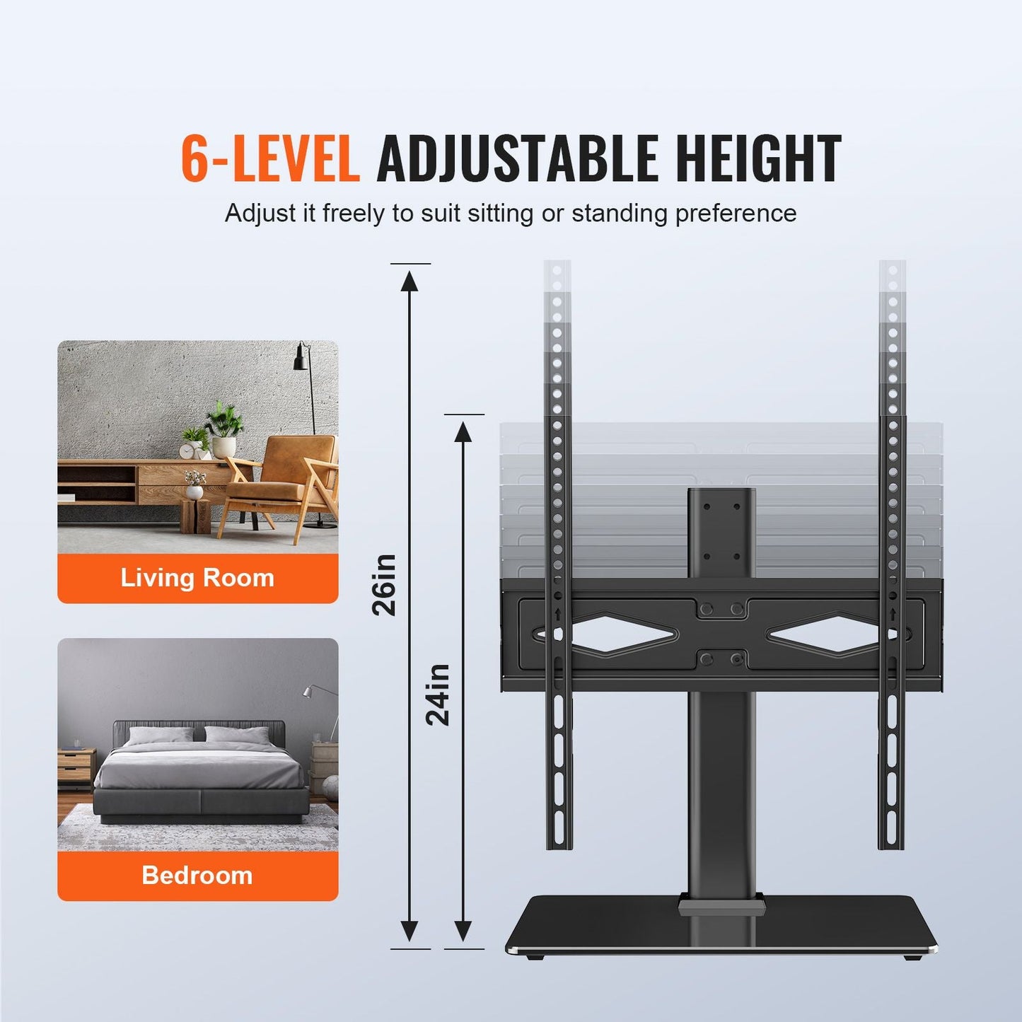 TV Stand Mount, Swivel Universal TV Stand for 32 to 55 inch TVs, Height Adjustable Portable Floor TV Stand with Tempered Glass Base for Bedroom, Living Room