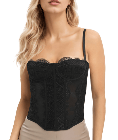 Lace Bustier Corset Tops for Women Going Out Mesh Overbust Adjustable Strap Waist Cincher Crop Bustier Party Rave Date Night Outfit Tank Top
