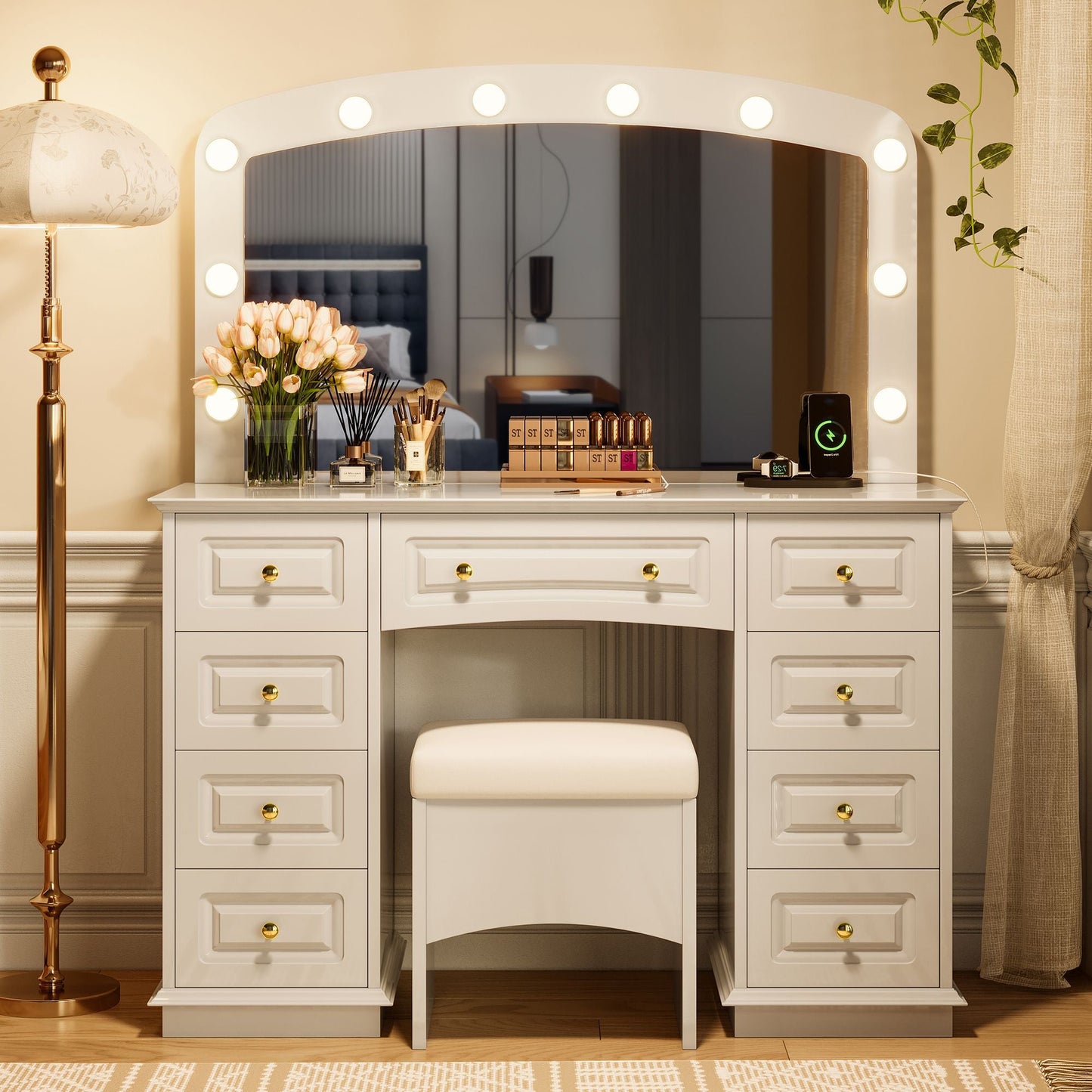 Luxurious Makeup Vanity with 10 Hollywood Bulbs, 3 Color Lighting Modes, Classic Dressing Table with Cushioned Stool and 9 Storage Drawers for Bedroom