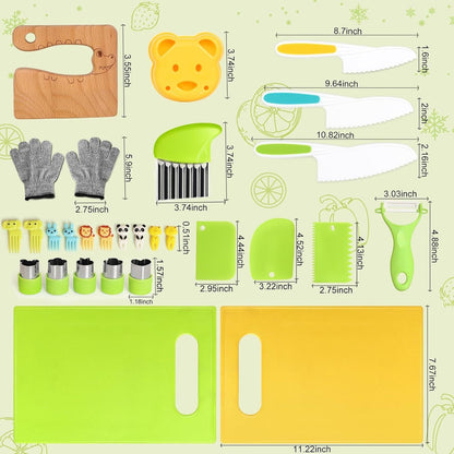 28PCS Knife Set - Kids Knifes for Real Cooking, Montessori Kids Kitchen Knife Set with Cutting Board Crinkle Cutters Kid Safe Knives, Kitchen Tools Old Girl Boy