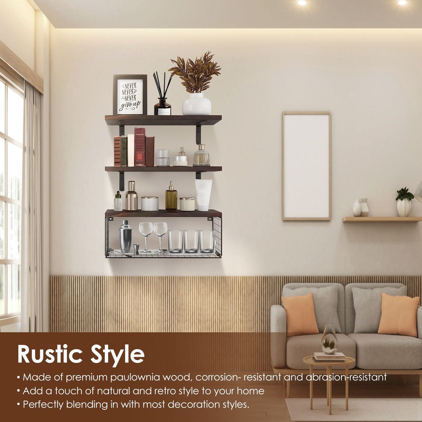 Rustic 2-in-1 Floating Shelves & Storage Basket - Durable Paulownia Wood, 66Lbs Capacity, Corrosion-Resistant Wall Decor