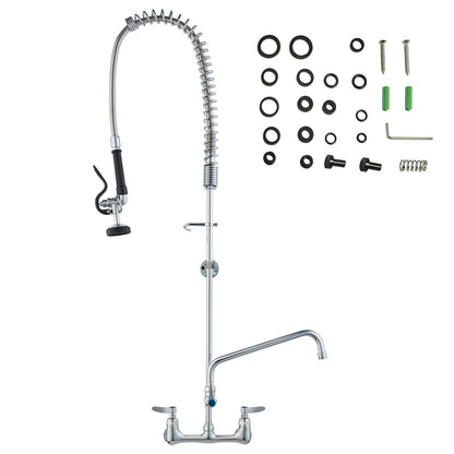Wall-Mounted Kitchen Faucet, 47" Tall, 8" Apart, with 12" Rotating Spout and Pre-Rinse Spray, Brass Build, Pull-Down Feature for Multi-Compartment Sinks