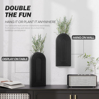 Pine Wood Wall Vases Set of 2 – Modern Wall Decor & Hanging Planters for Indoor Plants – Boho Home Decor Accent with Rustic Charm for Living Room, Kitchen & Bedroom (Black)
