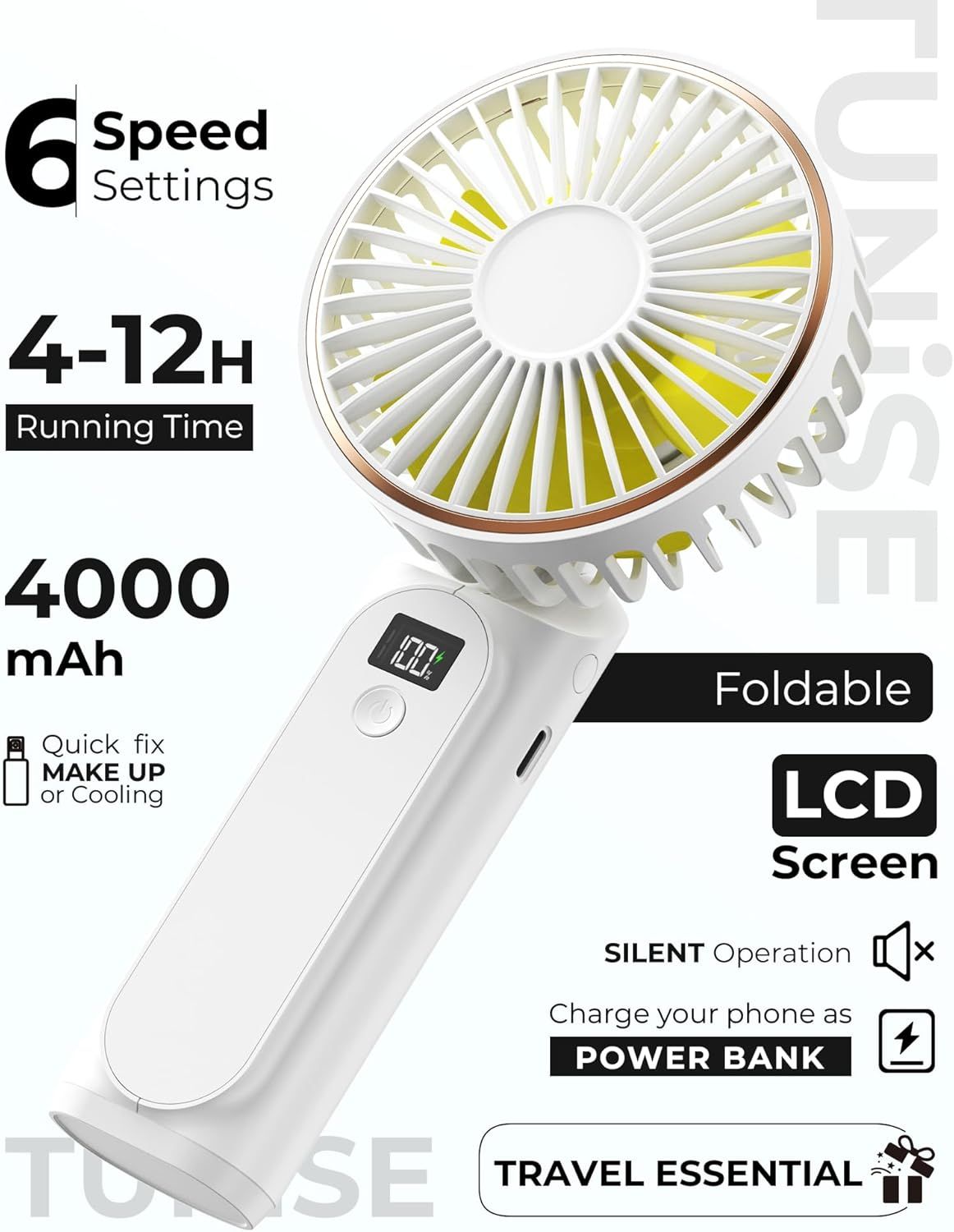 Portable Handheld Fan, Portable Fan Rechargeable, 4000mAh, 180° Adjustable, 6 Speed Wind, Display Electricity in Real Time, USB Rechargeable Foldable F an, Quiet Personal Fan as Power Bank