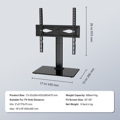 TV Stand Mount, Swivel Universal TV Stand for 32 to 55 inch TVs, Height Adjustable Portable Floor TV Stand with Tempered Glass Base for Bedroom, Living Room