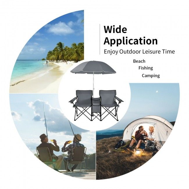 Portable Folding Picnic Double Chair With Umbrella
