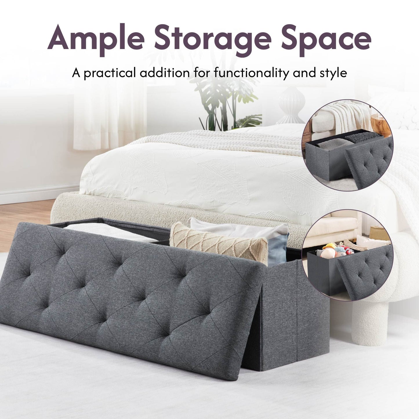 Folding Storage Ottoman Bench, Ottoman Foot Rest, End of Bed Bench, Storage Chest, for Living Room, Bedroom, Entryway, 43 Inches, Gray