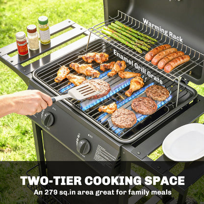 2 Burner Propane Gas Grill, 18000 BTU BBQ Grill with Wheels, Warming Rack, Shelf, Thermometer, Grease Cup, Black