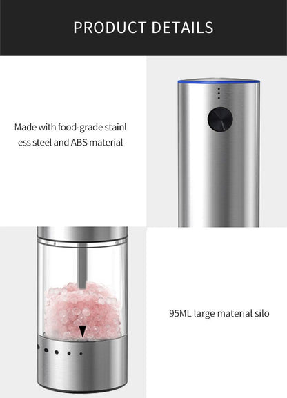 Electric Salt or Pepper Grinder , Stainless Steel with LED Light, Type-C Rechargeable, Ceramic Adjustable Coarseness, 95ml Large Capacity Visible Window, Patented Light Pipe Washable Design for Kitche