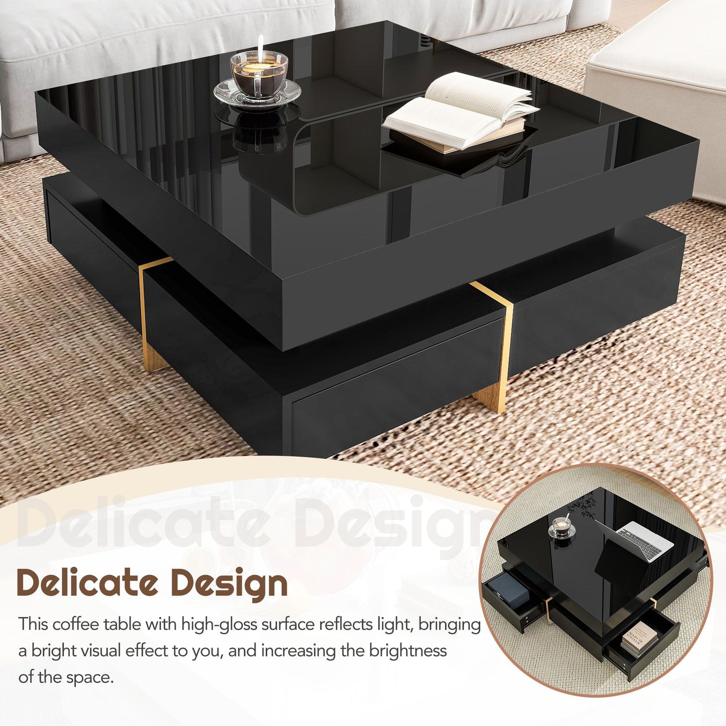 Sleek Black High Gloss Modern Coffee Table with 4 Drawers for Organized Living Rooms, Square Design with Wood Grain Legs, Ideal Cocktail Table 31.5''x31.5''