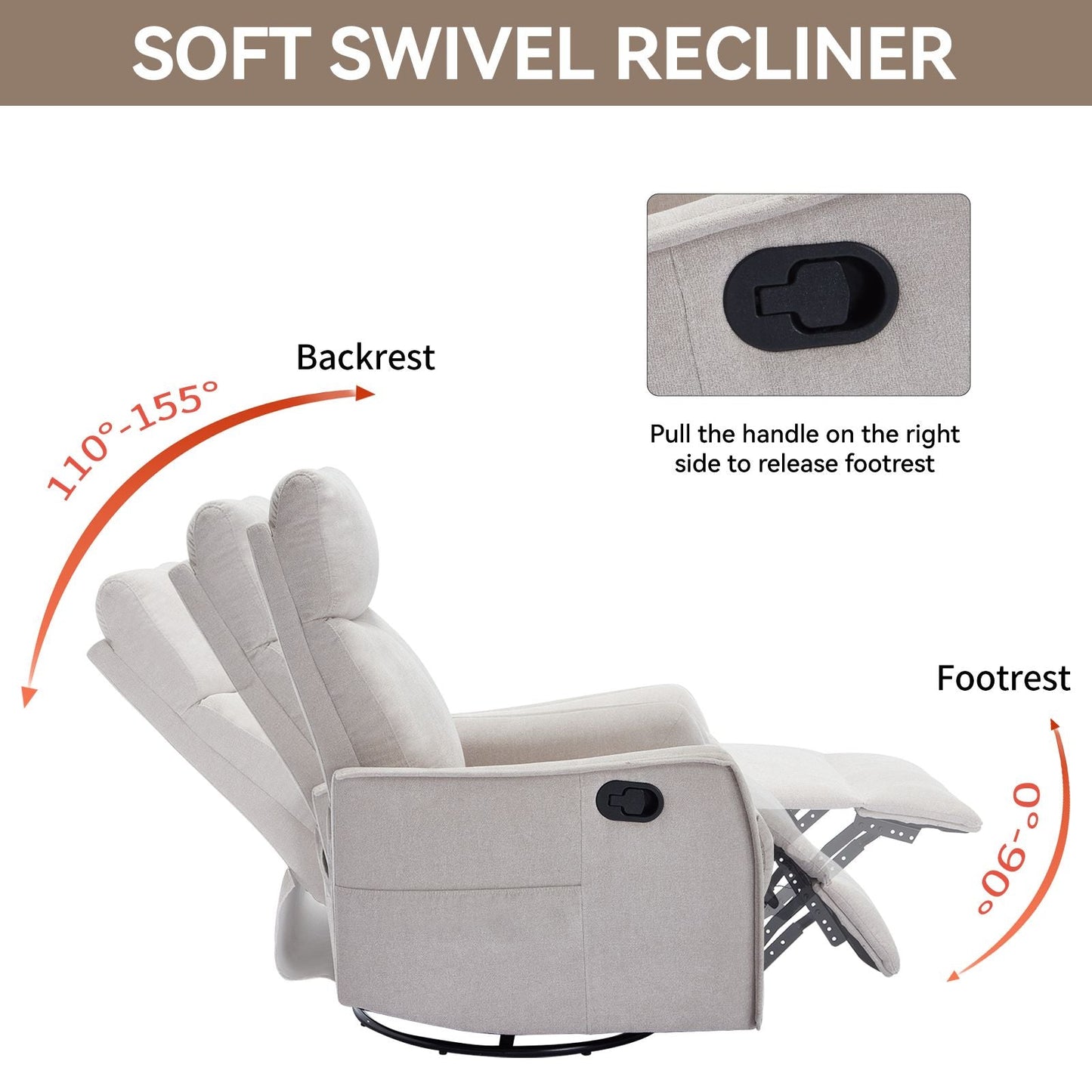 Heat Massage Manual Recliner Chair with Rocker and Swivel in Fabric for Living Room, Beige